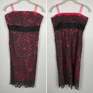 Anthropologie‎ Floreat Gray Coral Red Sunrise & Midnight Lace Strapless Dress